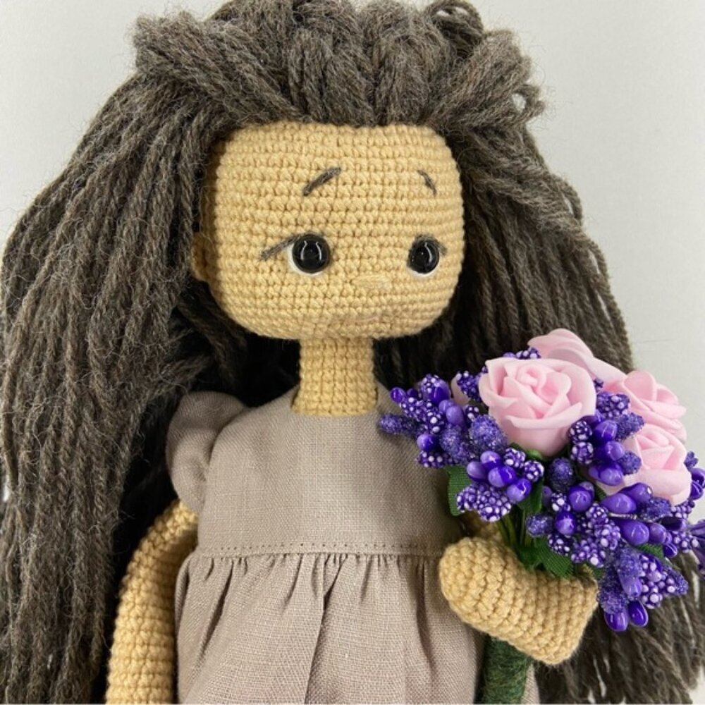 Handmade Crochet Doll with Brown Hair and Purple Boots - Picture 2 of 12